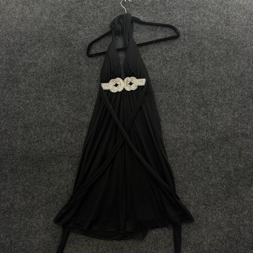 Vintage XOXO Black Halter Dress Rhinestone Buckle Y2K Cocktail Large 9067NG03